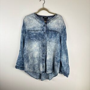 Nine West Womens Large Button Blouse Top Chambray Roll Tab Long Sleeve Blue
